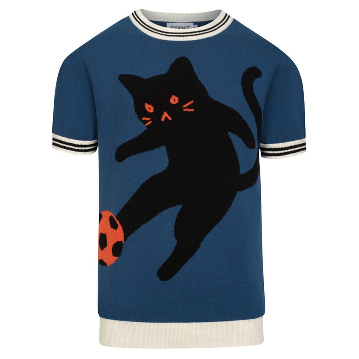 Ανδρικό μπλε ρετρό πλεκτό T-shirt με σχέδιο γάτας σε ζακάρ