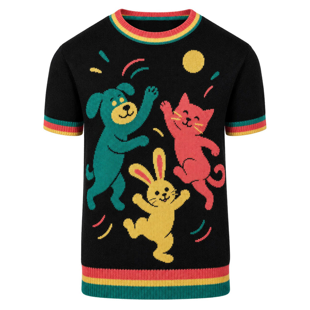 Men's black animal print vintage jacquard knit t-shirt