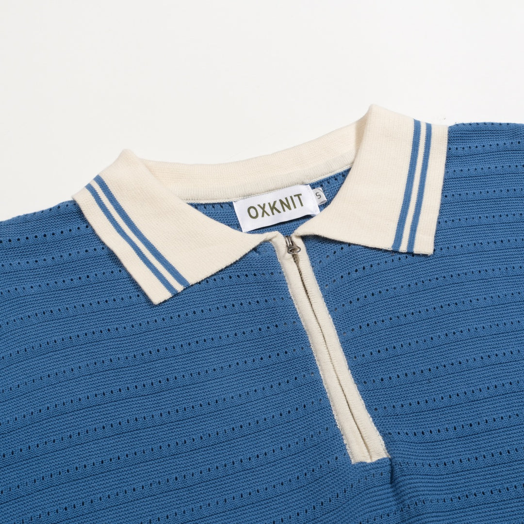 Men's vintage blue open-weave knit pullover with zipper collar