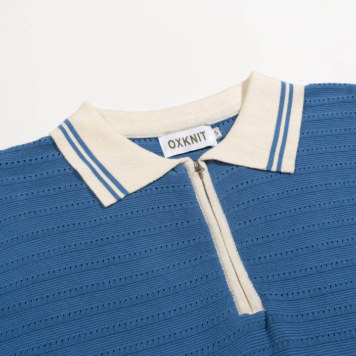 Men's vintage blue open-weave knit pullover with zipper collar