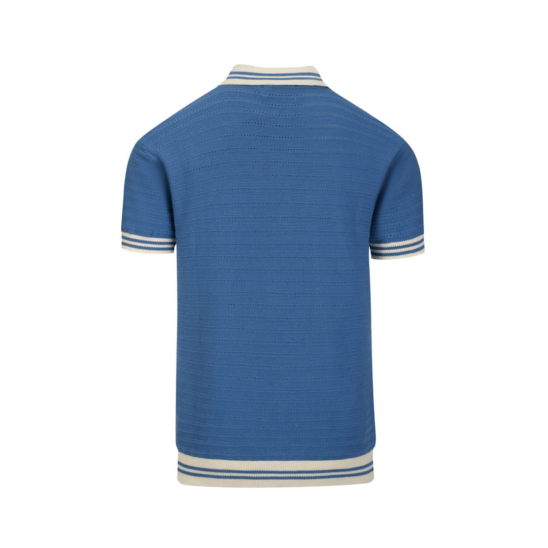 Men's vintage blue open-weave knit pullover with zipper collar