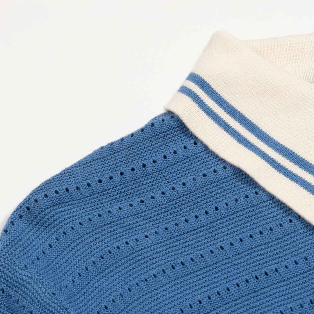 Men's vintage blue open-weave knit pullover with zipper collar