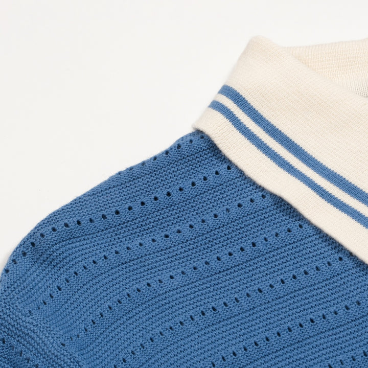 Men's vintage blue open-weave knit pullover with zipper collar