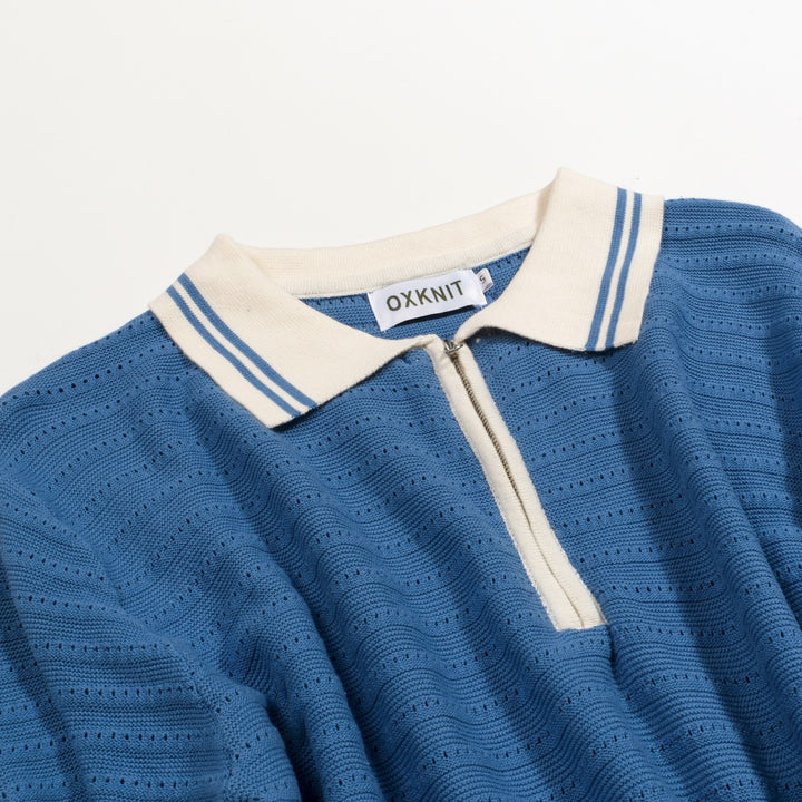 Men's vintage blue open-weave knit pullover with zipper collar