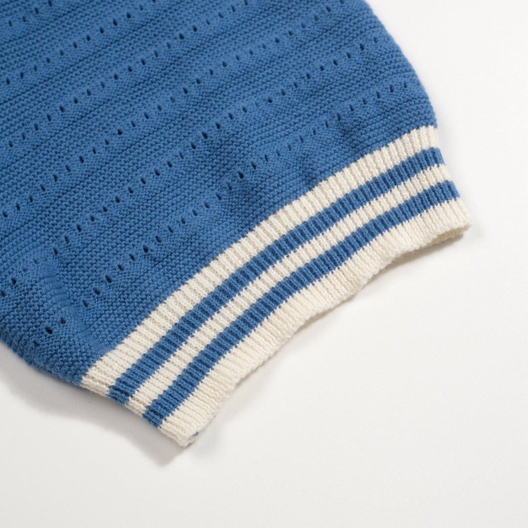 Men's vintage blue open-weave knit pullover with zipper collar