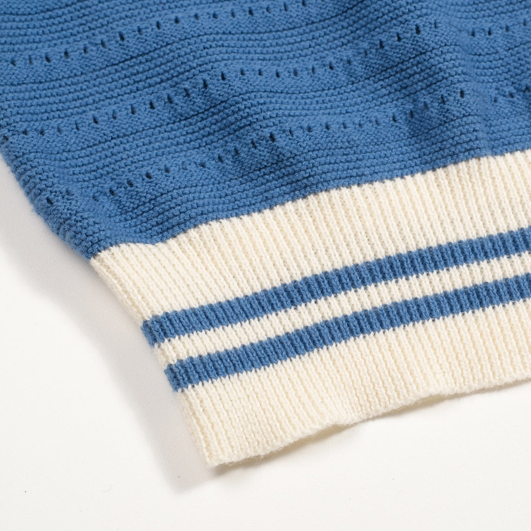 Men's vintage blue open-weave knit pullover with zipper collar