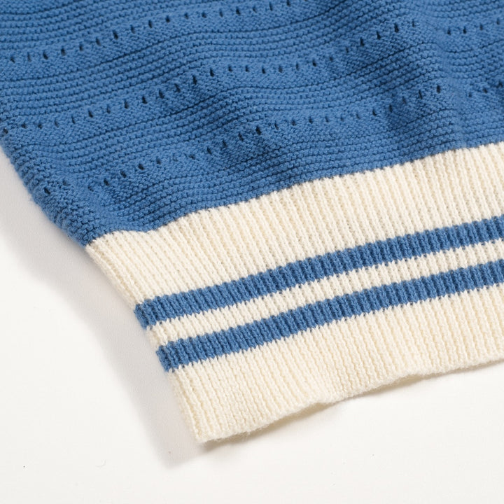 Men's vintage blue open-weave knit pullover with zipper collar