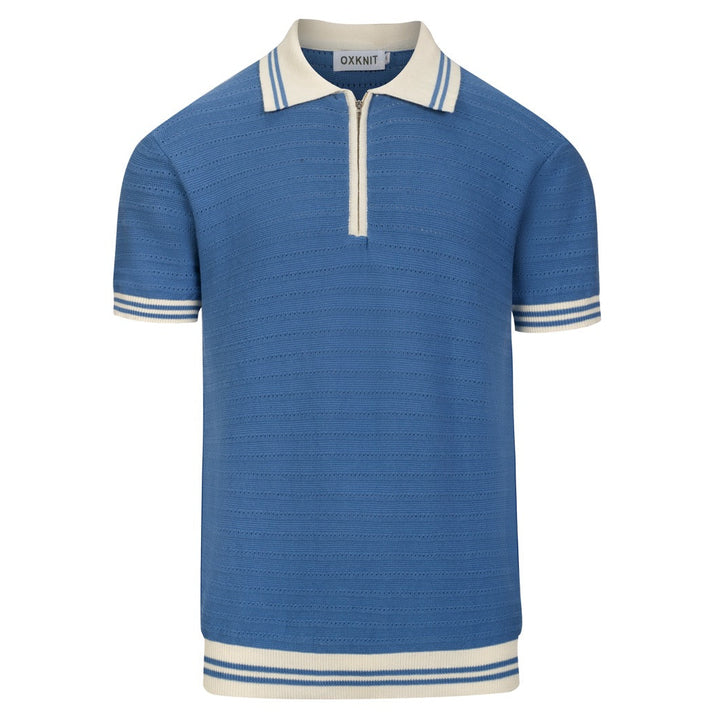 Men's vintage blue open-weave knit pullover with zipper collar