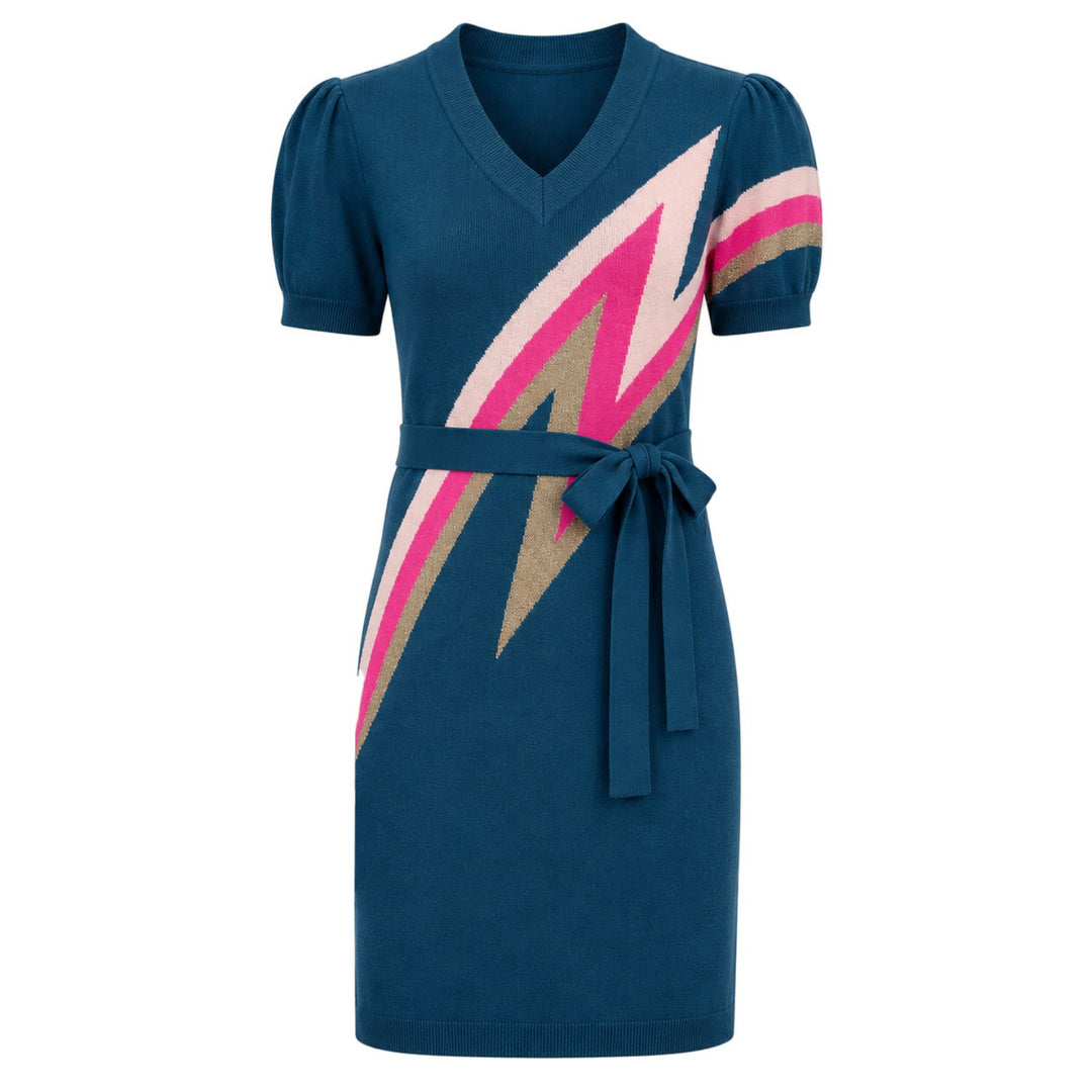 Women's Blue Space Age Lightning Knit Short-Sleeve Dress