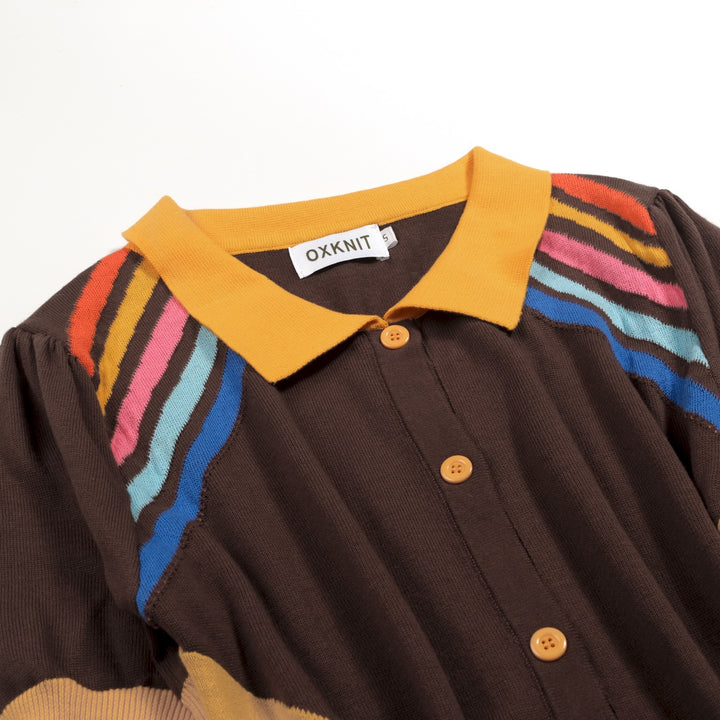 Women's Brown Vintage Sporty Pocket Short-Sleeve Knit Dress
