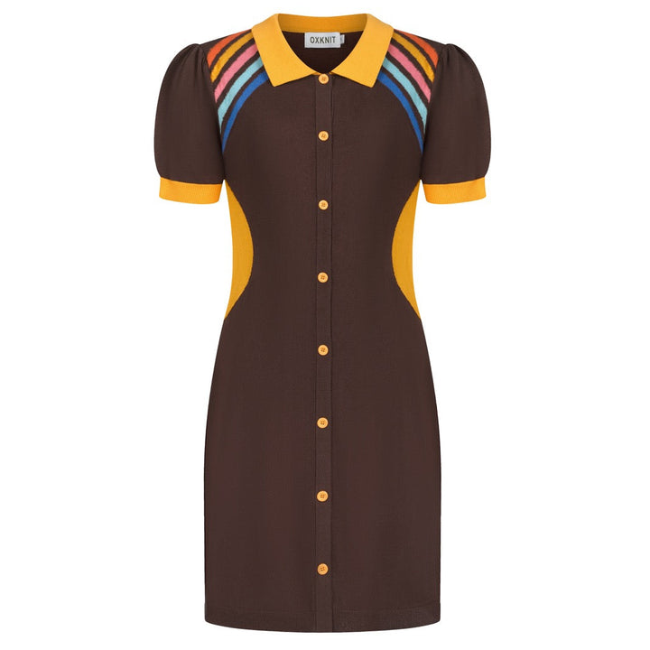 Women's Brown Vintage Sporty Pocket Short-Sleeve Knit Dress