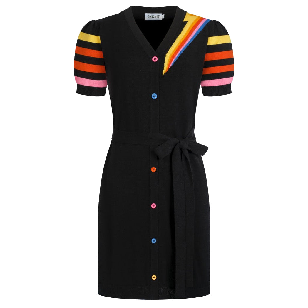 Women's Black Rainbow Lightning Pattern Pocket Short-Sleeve Knit Dress, Black / M