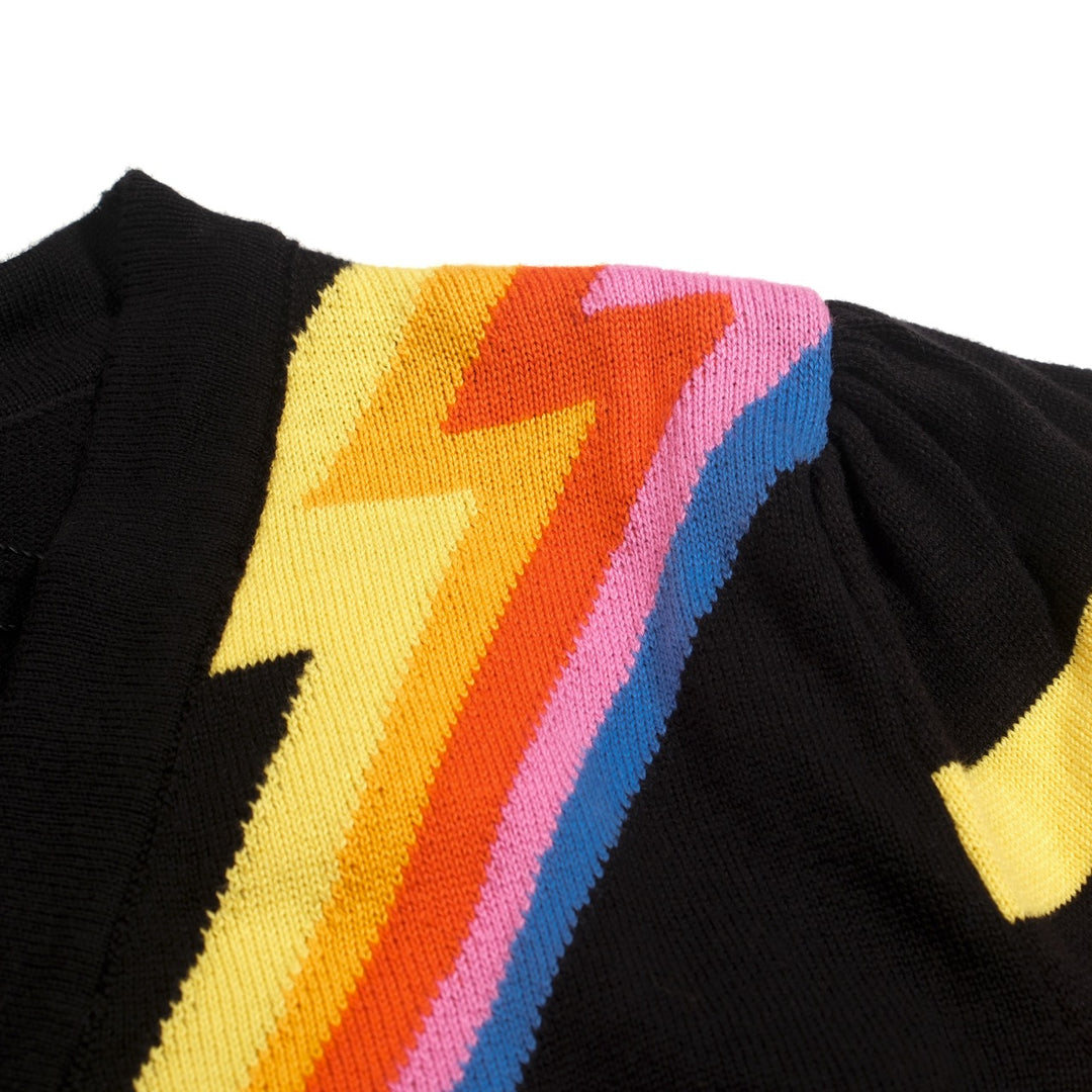 Women's Black Rainbow Lightning Pattern Pocket Short-Sleeve Knit Dress