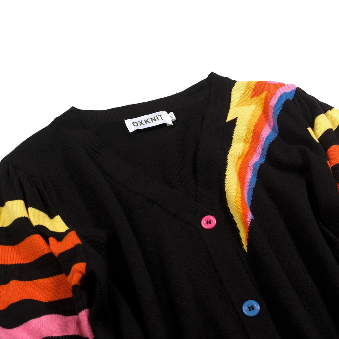 Women's Black Rainbow Lightning Pattern Pocket Short-Sleeve Knit Dress