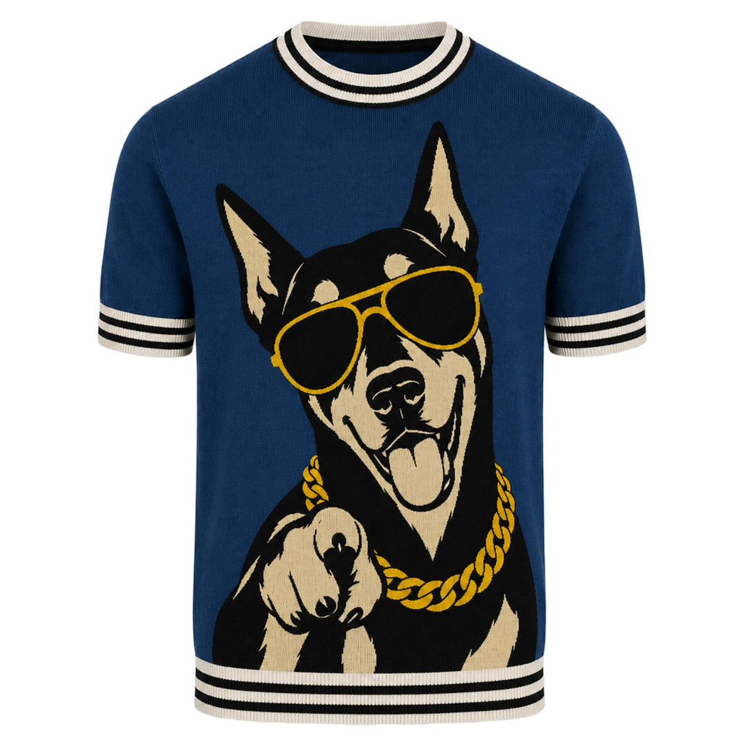 Men's Blue Playful Pop-Art Dog Jacquard Knit T-Shirt