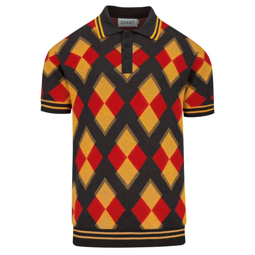 Herren Dunkelgraues 70er Retro Argyle Polo-Kragen Strick-T-Shirt