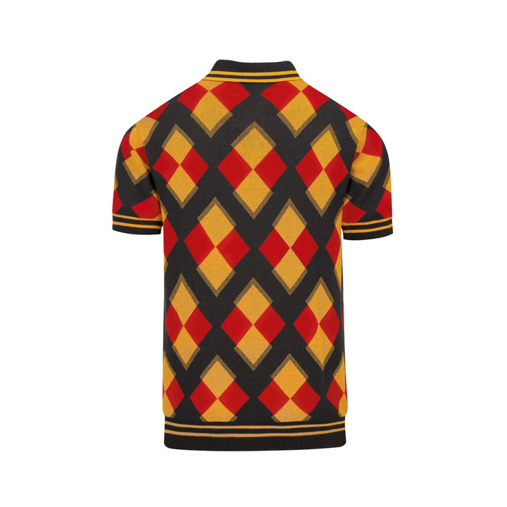 Herren Dunkelgraues 70er Retro Argyle Polo-Kragen Strick-T-Shirt
