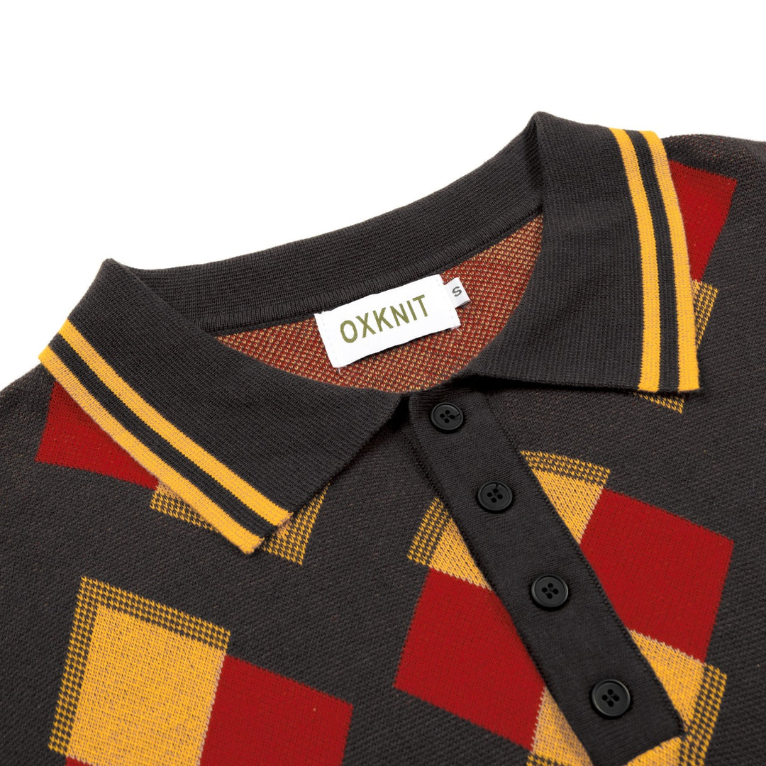 Herren Dunkelgraues 70er Retro Argyle Polo-Kragen Strick-T-Shirt