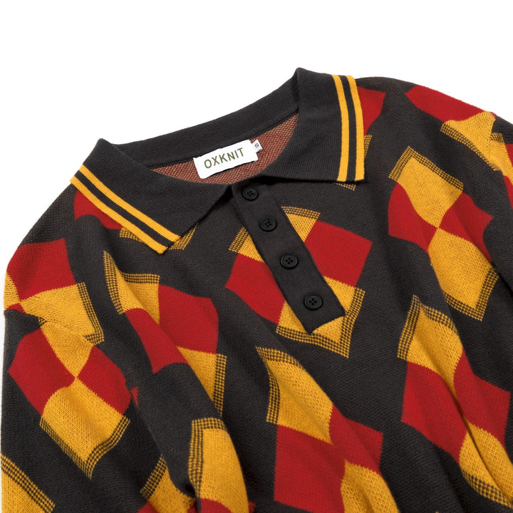 Herren Dunkelgraues 70er Retro Argyle Polo-Kragen Strick-T-Shirt