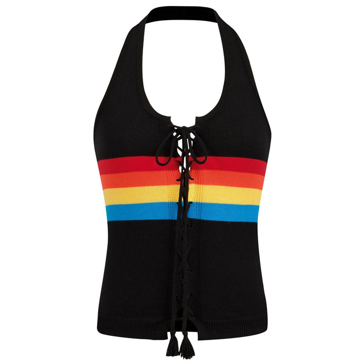 Women's Black 70s Rainbow Retro Knit Camisole Vest