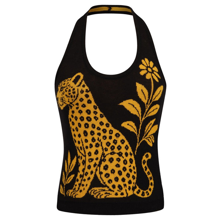 Damernas 70-tals Svart Leopard Blommig Jacquard Stickad Camisoleväst
