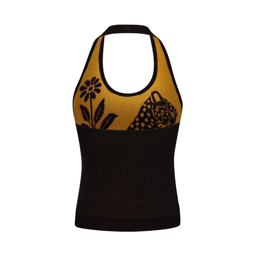 Damernas 70-tals Svart Leopard Blommig Jacquard Stickad Camisoleväst