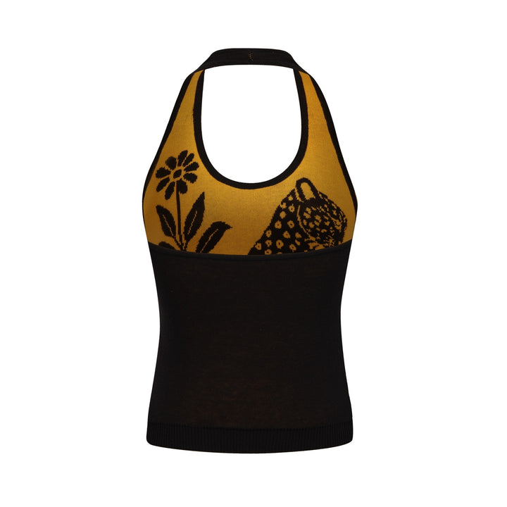 Damernas 70-tals Svart Leopard Blommig Jacquard Stickad Camisoleväst