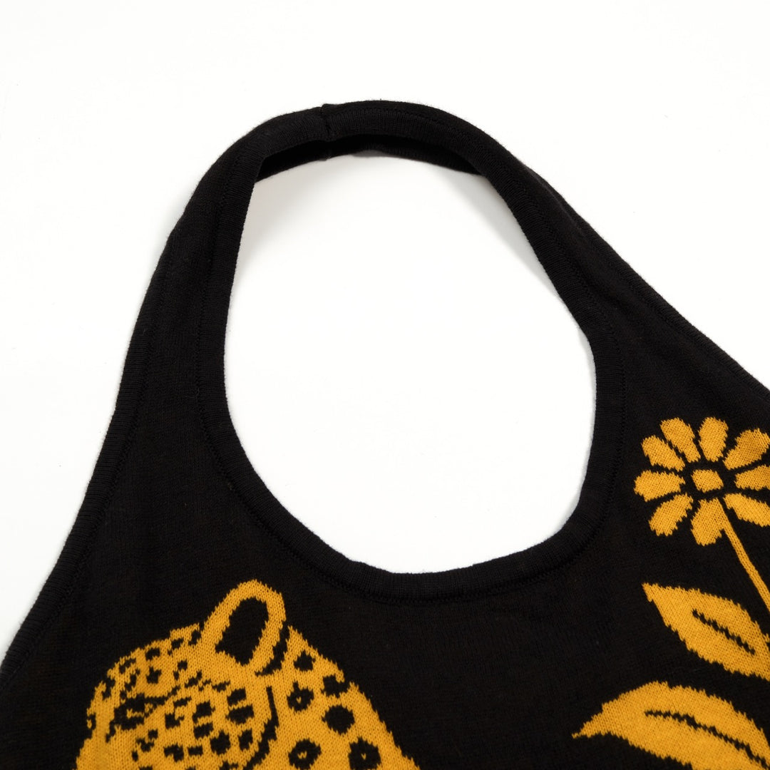 Damernas 70-tals Svart Leopard Blommig Jacquard Stickad Camisoleväst