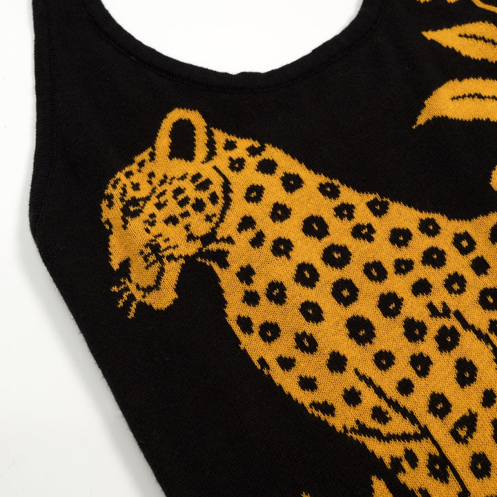 Damernas 70-tals Svart Leopard Blommig Jacquard Stickad Camisoleväst
