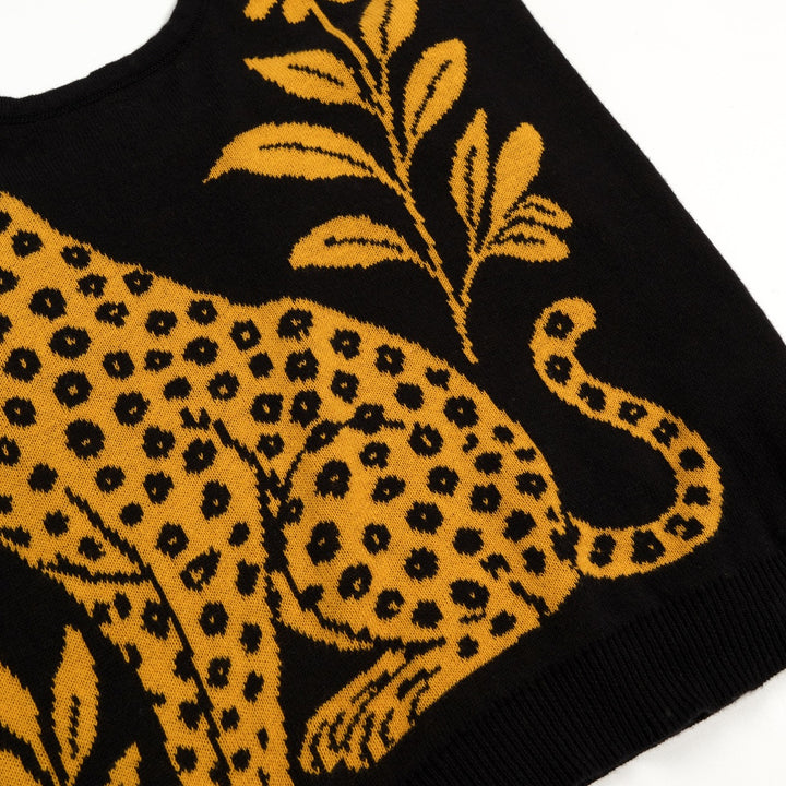 Damernas 70-tals Svart Leopard Blommig Jacquard Stickad Camisoleväst