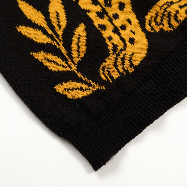 Damernas 70-tals Svart Leopard Blommig Jacquard Stickad Camisoleväst