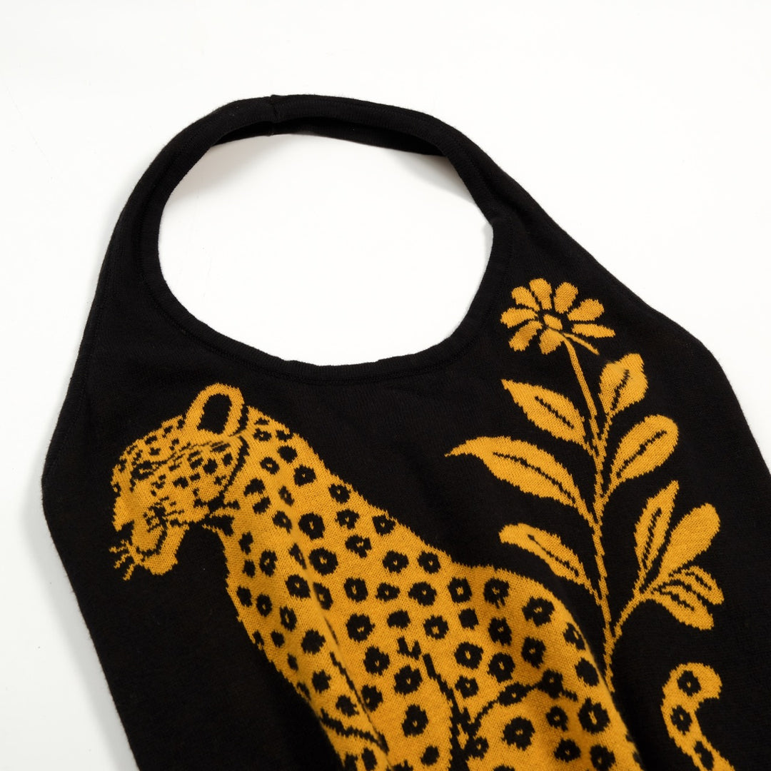 Damernas 70-tals Svart Leopard Blommig Jacquard Stickad Camisoleväst