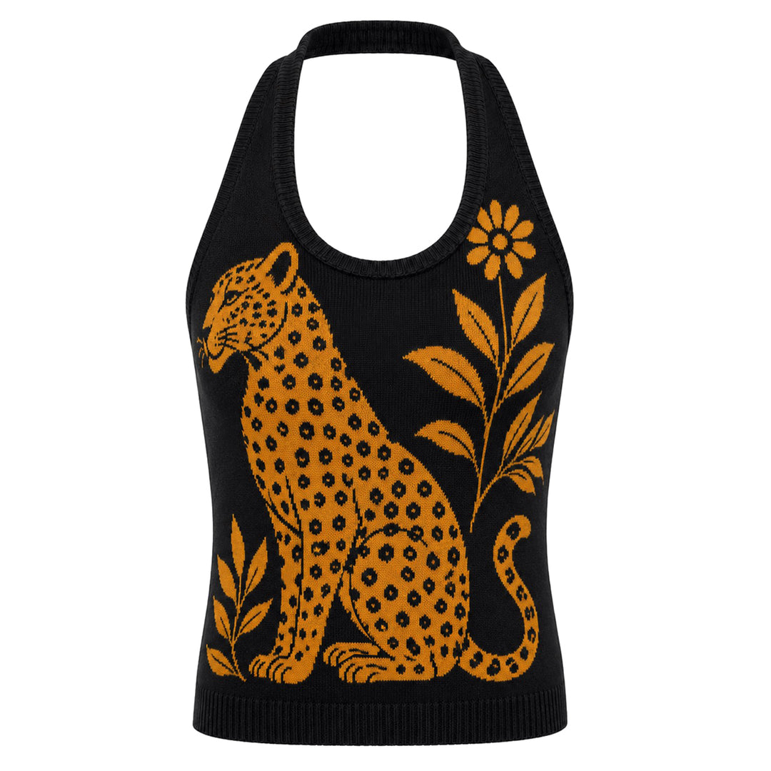 Damen Apricot Lustiges Tropisches Botanisches Jacquard-Stricktop