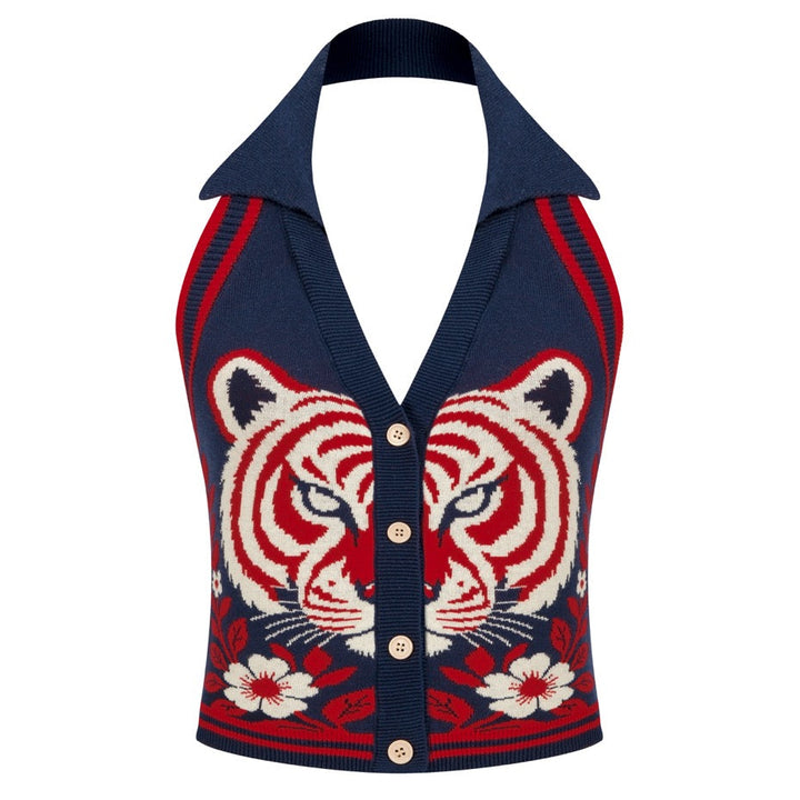 Women's Dark Blue 70s Folk Tiger Jacquard Camisole Knit Vest