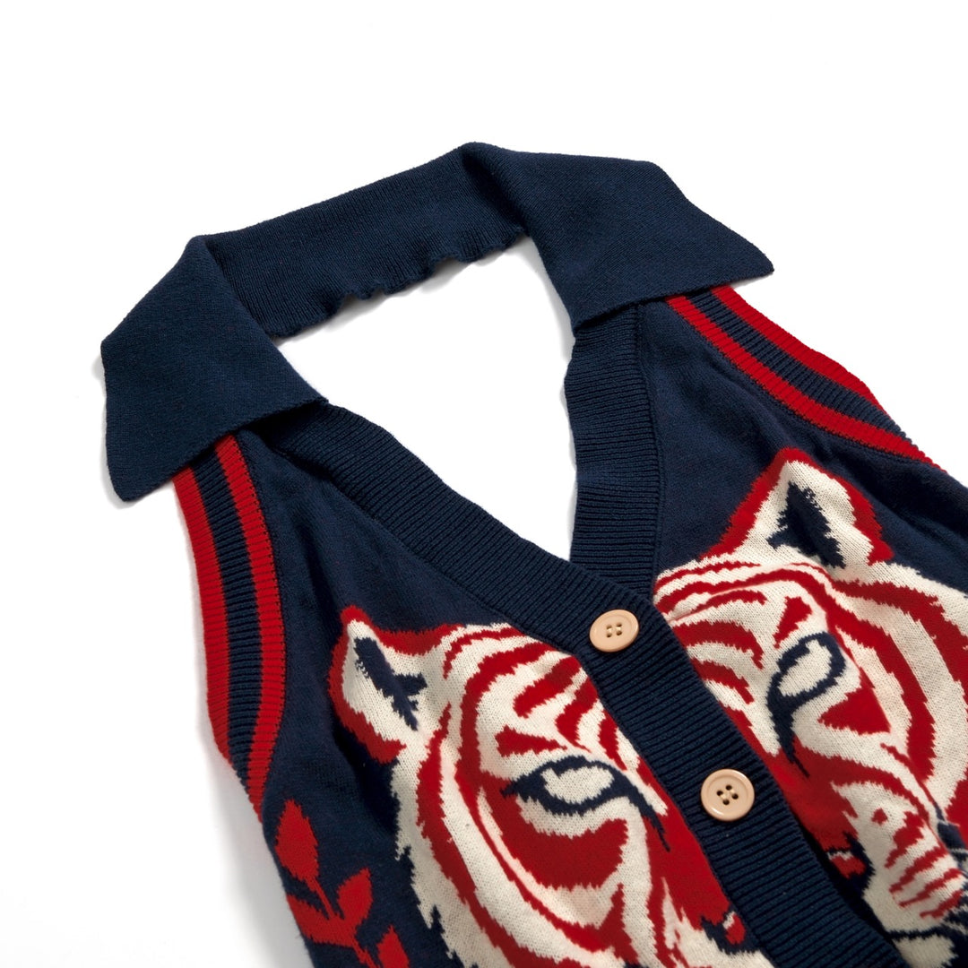 Women's Dark Blue 70s Folk Tiger Jacquard Camisole Knit Vest