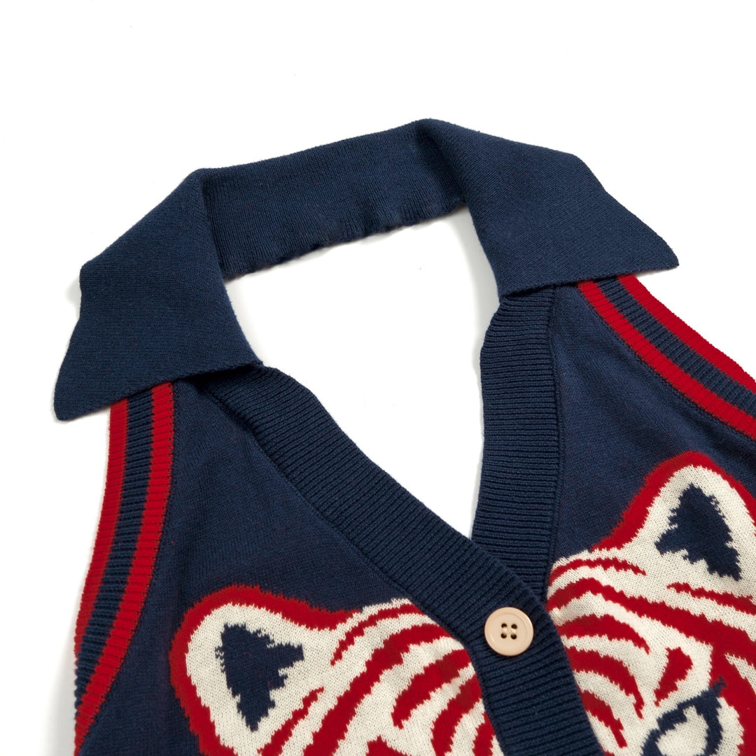 Women's Dark Blue 70s Folk Tiger Jacquard Camisole Knit Vest