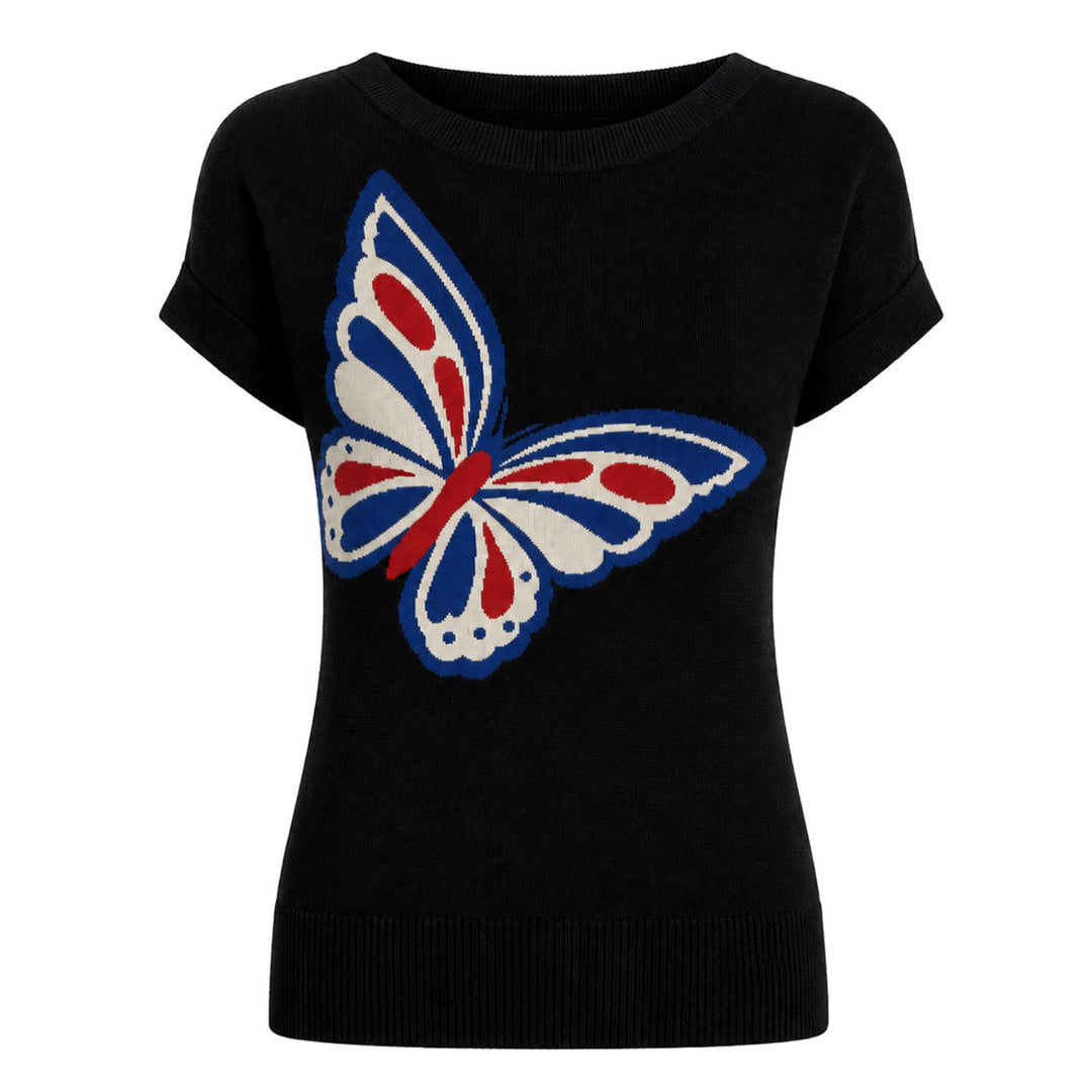 T-shirt da donna con scollo a V in maglia vintage nera Bee Jacquard