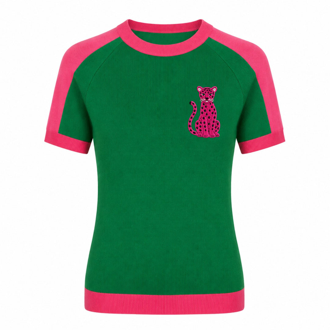 Women's Green Color-Block Leopard Cat Embroidered Knit T-Shirt