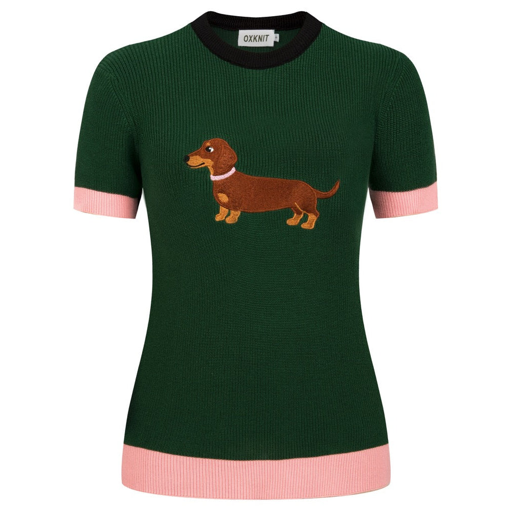 Women's Green Fun Dachshund Embroidered Knit T-Shirt