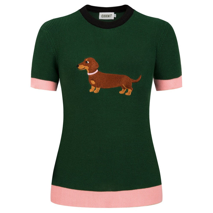 Women's Green Fun Dachshund Embroidered Knit T-Shirt