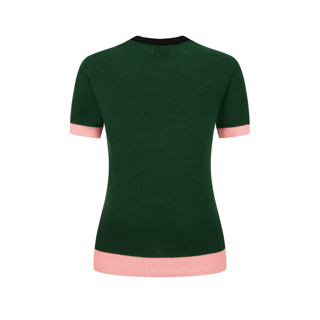 Women's Green Fun Dachshund Embroidered Knit T-Shirt