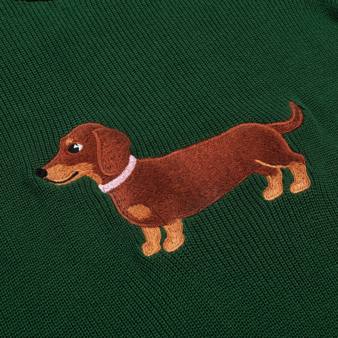 Women's Green Fun Dachshund Embroidered Knit T-Shirt