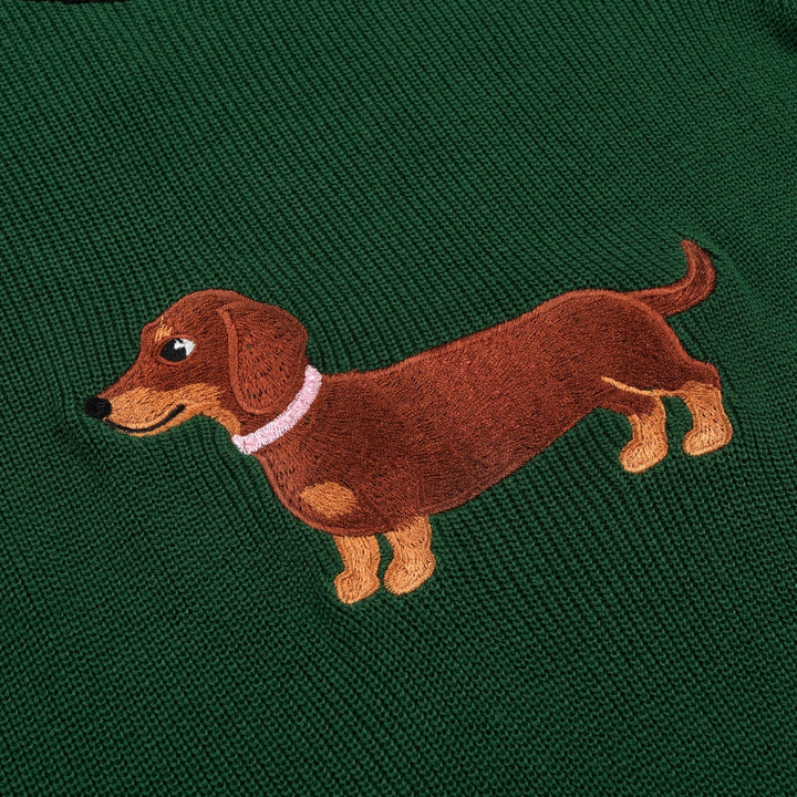 Women's Green Fun Dachshund Embroidered Knit T-Shirt