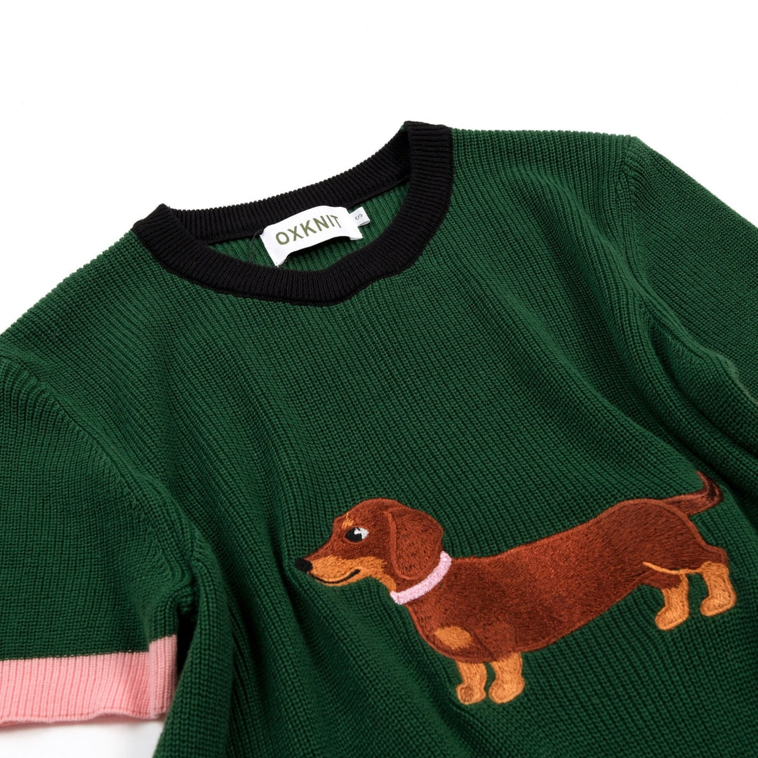 Women's Green Fun Dachshund Embroidered Knit T-Shirt