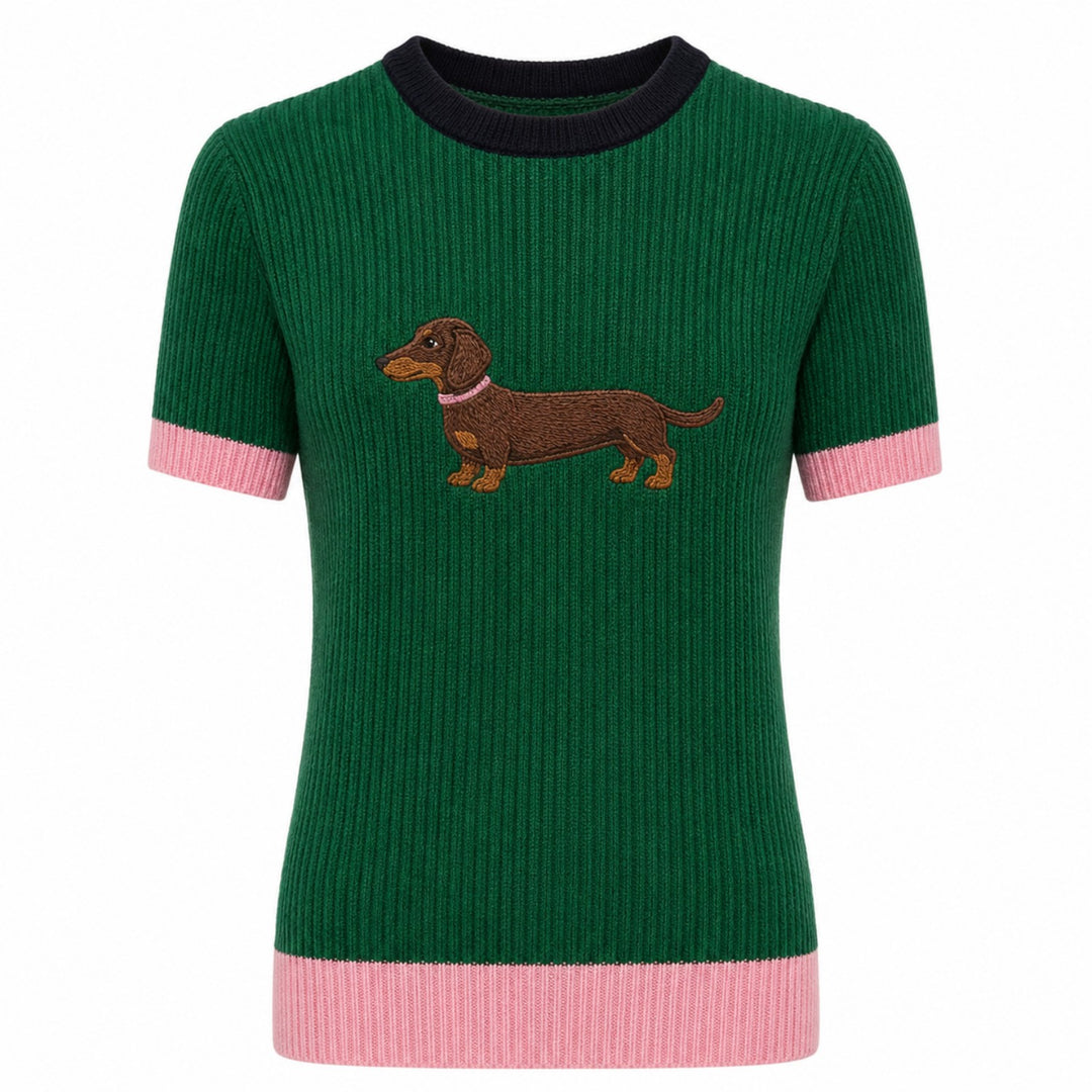Women's Green Fun Dachshund Embroidered Knit T-Shirt
