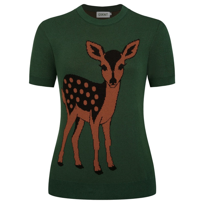 Γυναικείο Πράσινο Vintage Πλεκτό T-Shirt με Ζακάρ Σχέδιο Ελαφιού Δάσους