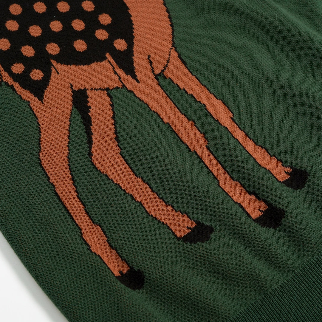 Γυναικείο Πράσινο Vintage Πλεκτό T-Shirt με Ζακάρ Σχέδιο Ελαφιού Δάσους