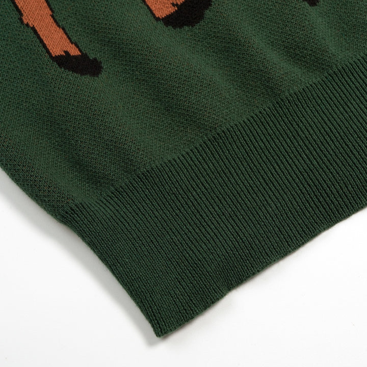 Γυναικείο Πράσινο Vintage Πλεκτό T-Shirt με Ζακάρ Σχέδιο Ελαφιού Δάσους