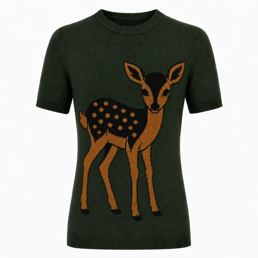 T-shirt feminina em malha jacquard às riscas castanhas