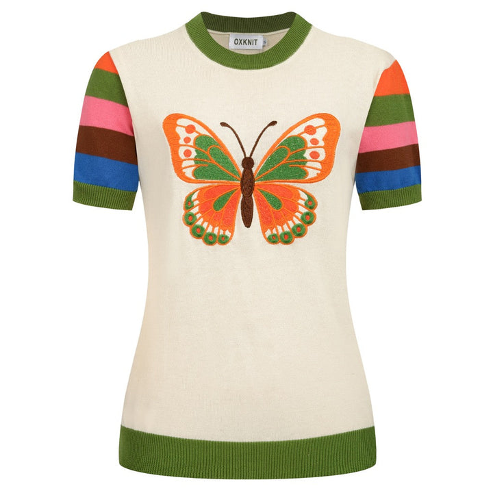 T-shirt de Malha Feminina com Risca Pop Damasco dos Anos 70 e Borboleta Bordada